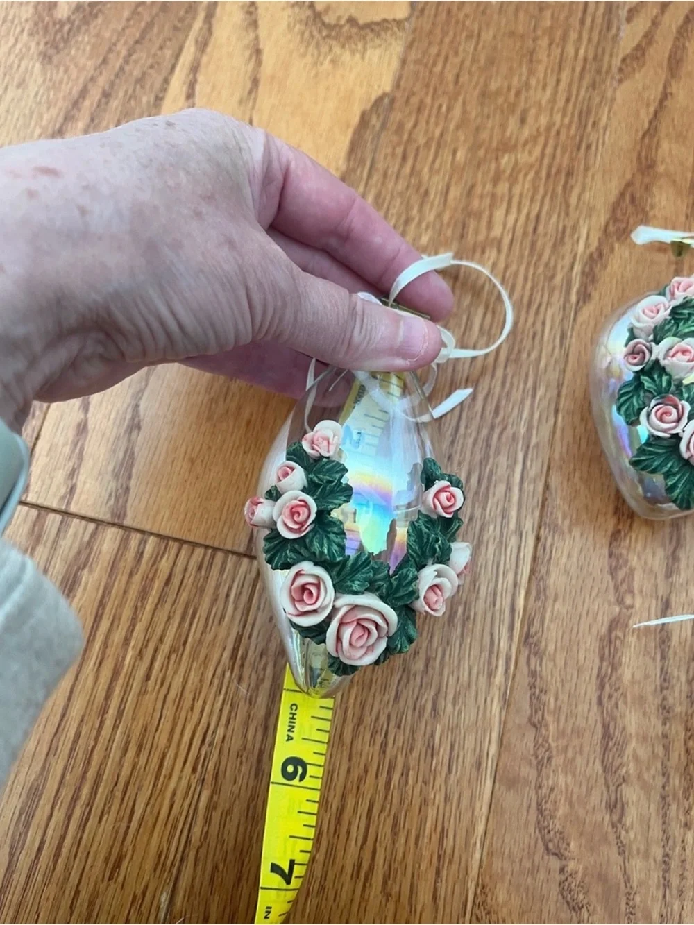 Vintage Victorian Pink Rose Iridescent Christmas Ornaments Set of 6